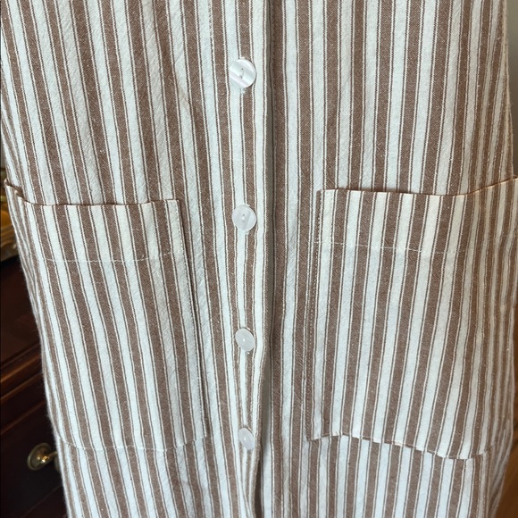 Comfy Cotton Tan White Striped Shirt Dress New Midi - Picture 3 of 9